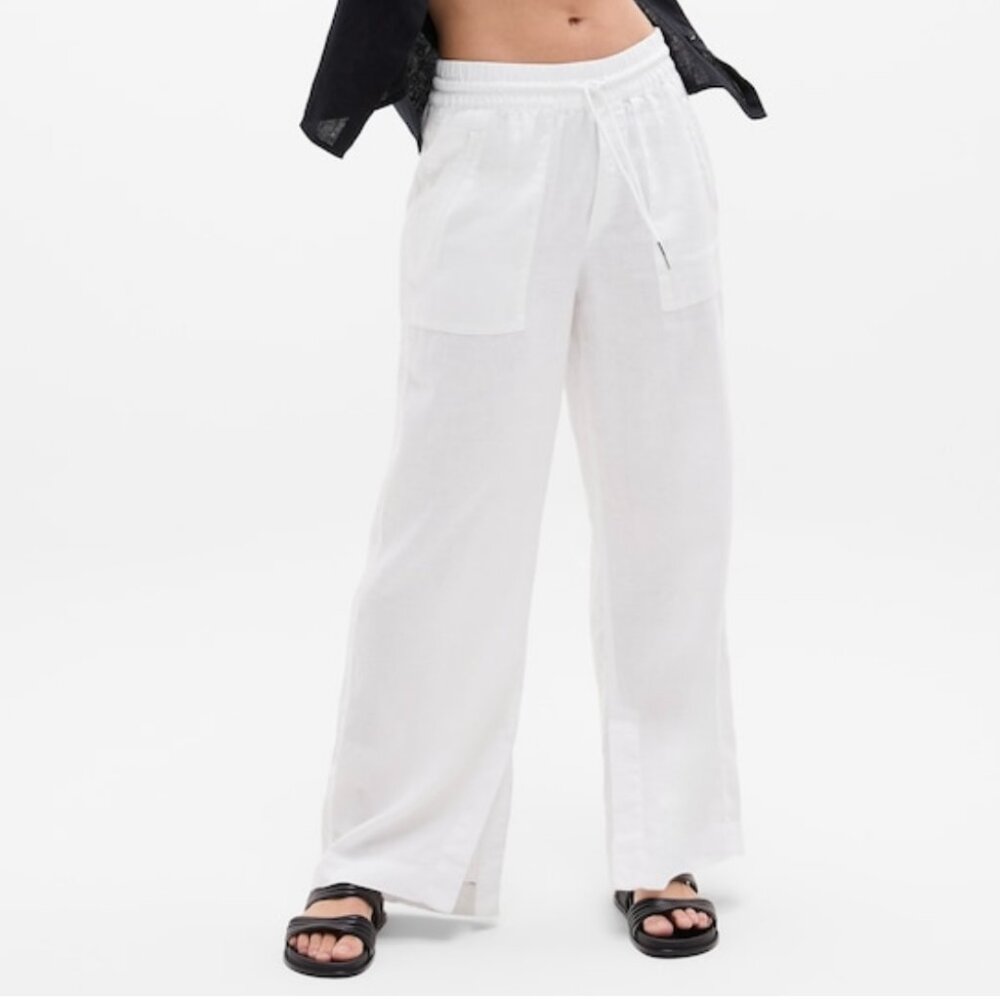 Athleta Retreat Linen High Rise Wide Leg Pant - Petite Large / White